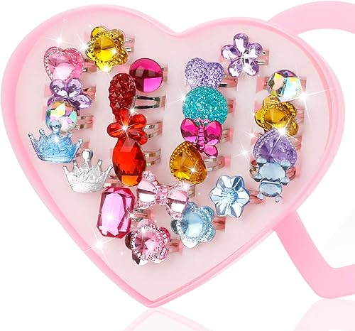 Miniatura 3 de Hifot 24 anillos ajustables de cristal para niñas, anillos de dedo de joyería de princesa con caja en forma de corazón, anillos de simulación
