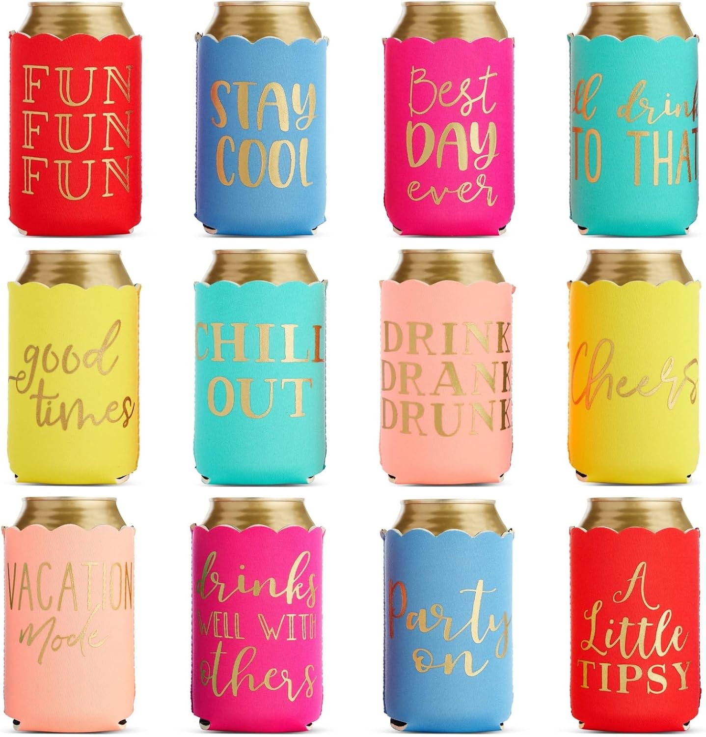 BLUE PANDA 12-Pack Scalloped Can Cooler Sleeves - Girls Trip Fun Gifts - Fits Most 12oz Cans (2.5x2.5x4.2 in) - Neoprene Insulation