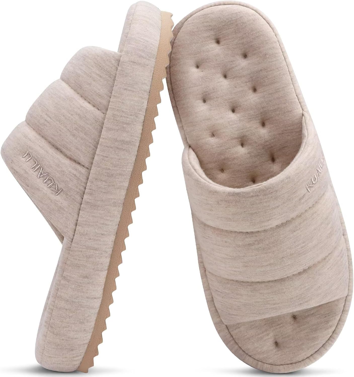 KuaiLu Men's Fashion Quilted Cotton-blend Fabric Sandal Slippers Cozy Memory Foam Indoor/Outdoor House Shoes with Lightweight Soft Cushion Footbed Hard Rubber Sole