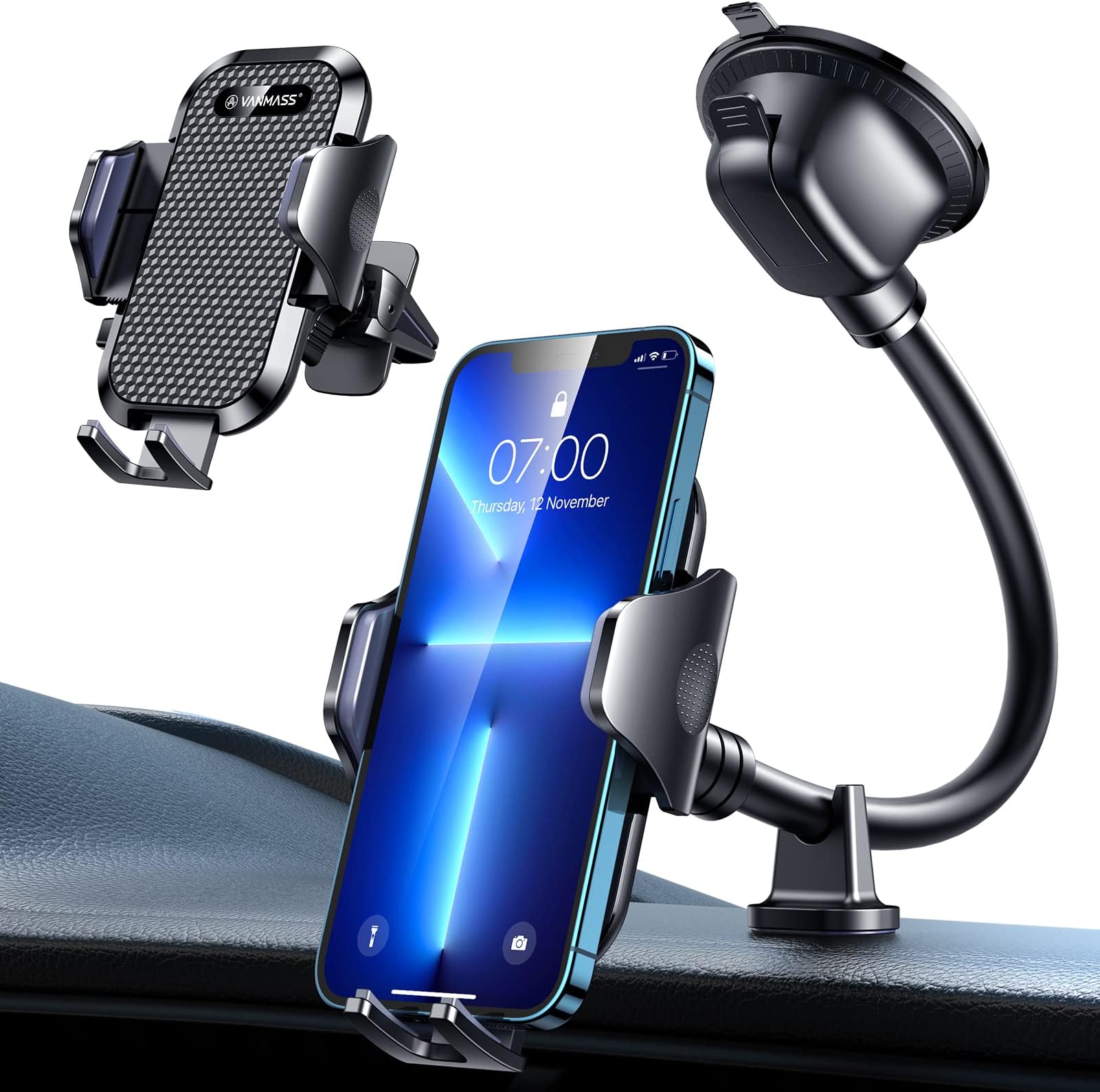 VANMASS [Ultra Durable & Stable] Car Phone Holder Windscreen Mount [Flexible Long Gooseneck] Mobile Phone Holder for Cars Dashboard Vent Universal Cradle Compatible with iPhone 13 14 pro max Samsung