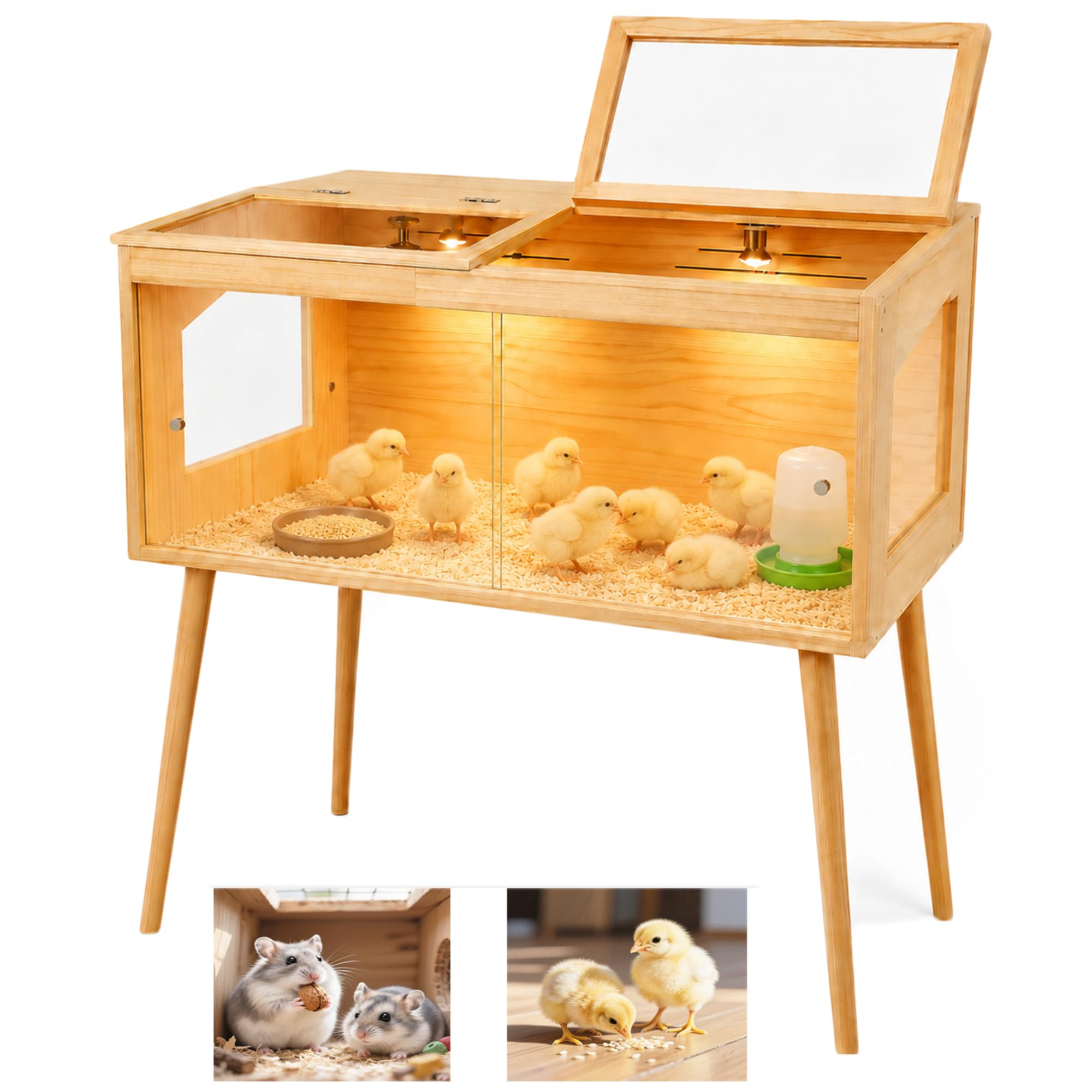 Casetta per l'allevamento di pulcini, 100 x 52 x 53 cm, in legno di pino con termostato, 2 lampade termiche, finestre in acrilico, ventilazione, porte scorrevoli e gambe in legno da 70 cm, per criceti