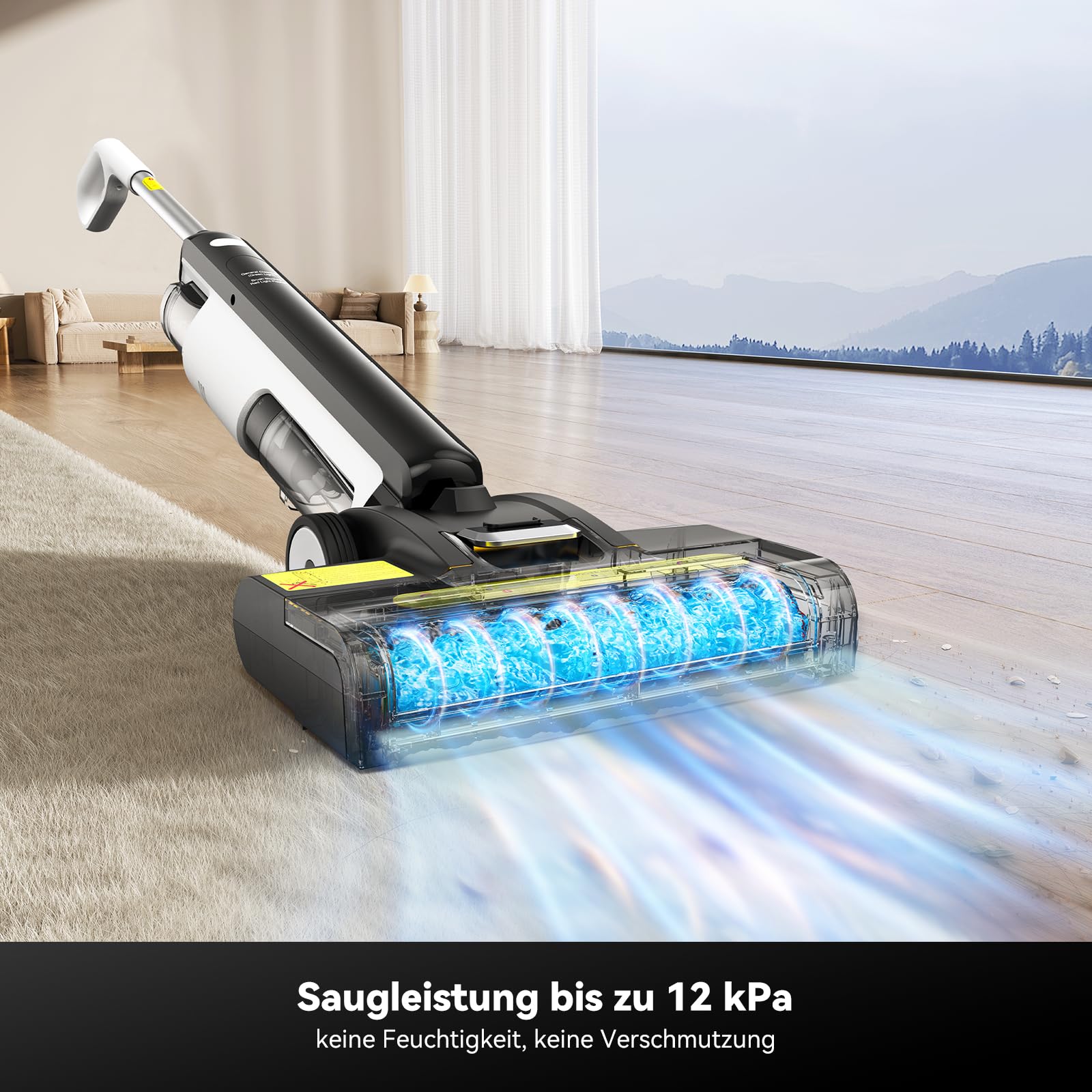 W12SE Wischsauger, Intelligenter kabelloser Wischsauger, Anti-Haarverwicklung, Elektrolytische Desinfektion, 1,15L Doppelbehälter