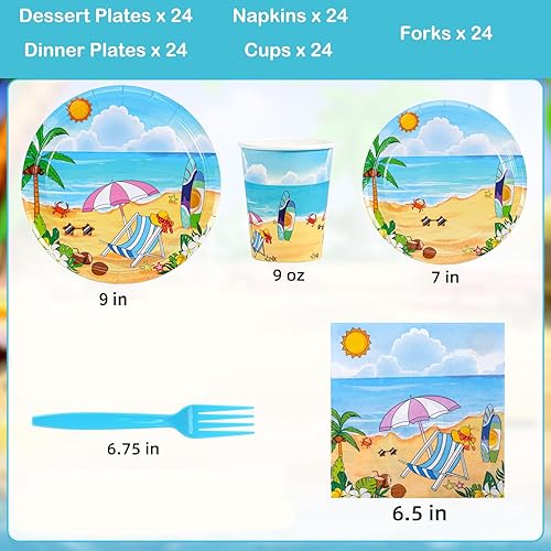 Miniatura 2 de Atonofun Suministros para fiestas de playa, juego de platos y servilletas de playa, platos de playa desechables, vasos, servilletas y cubiertos para