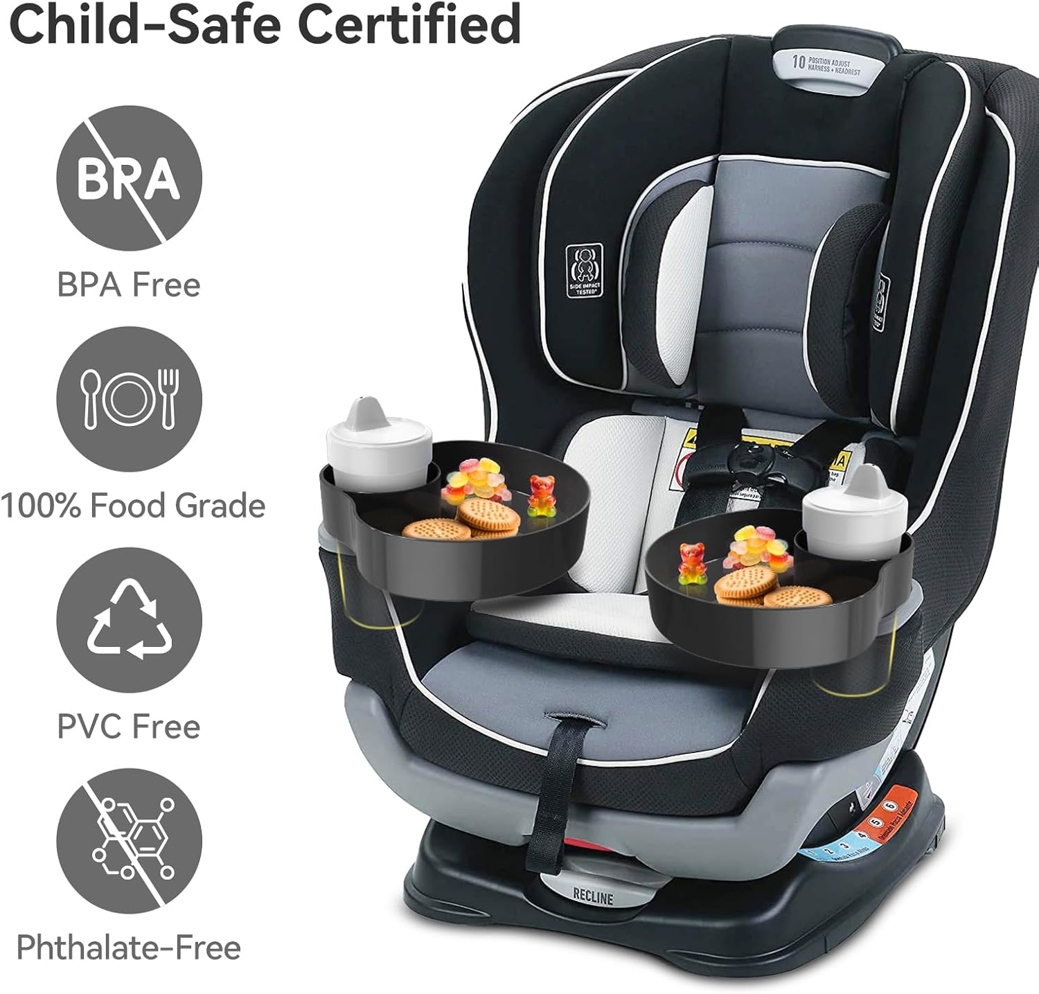 [2 pack] car seat cup holder snack tray black, toddler travel & road trip essentials accessory for mess-free snacking in the car,travel tray for kids car seat glossy black-2 pack