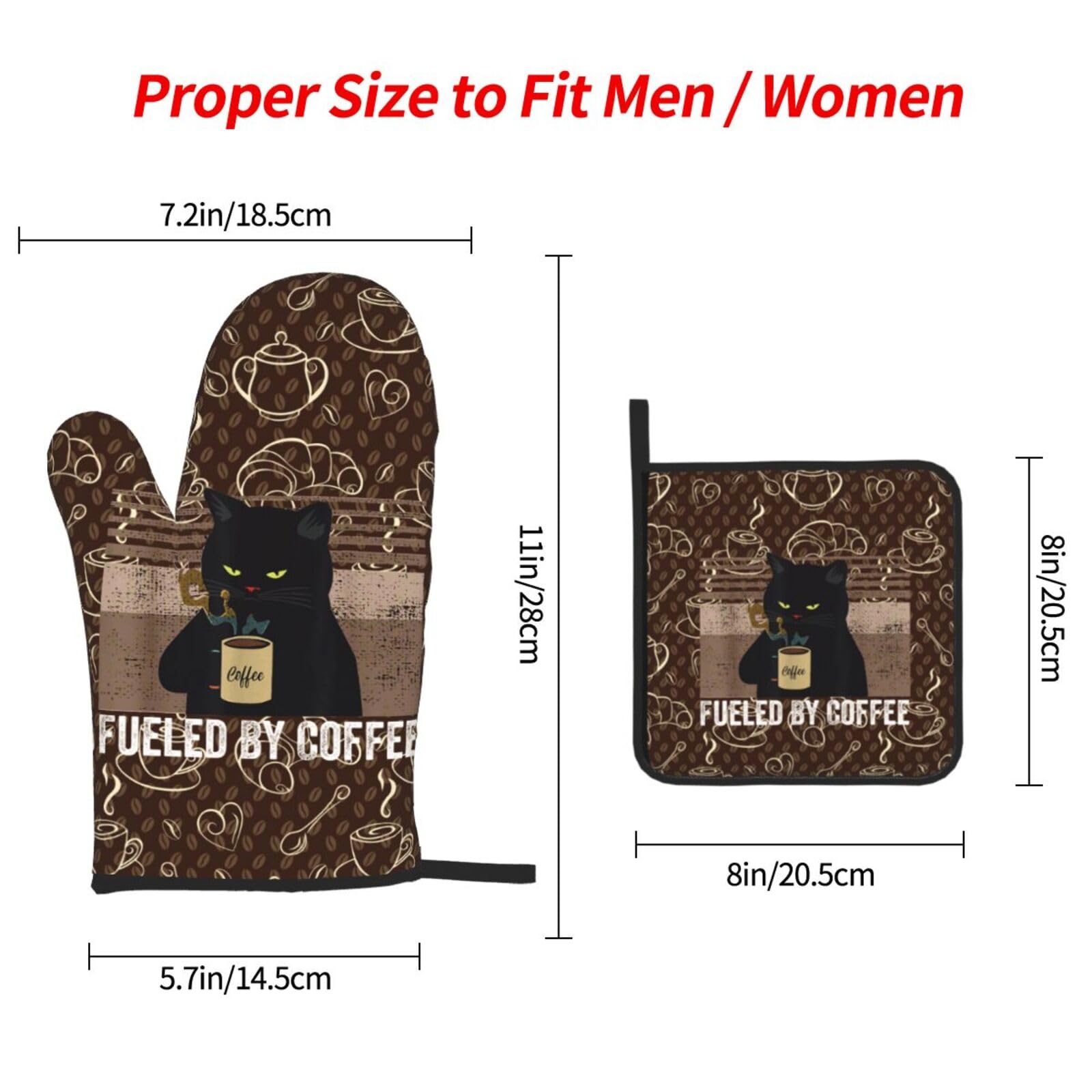 Ofenhandschuhe und Topflappen, Vintage-Katzen-Set, 3er-Set, Retro-Kaffee-Pads, Ofenhandschuhe, hitzebeständig, rutschfest, waschbar, für Küche, Kochen, Grillen, Backen