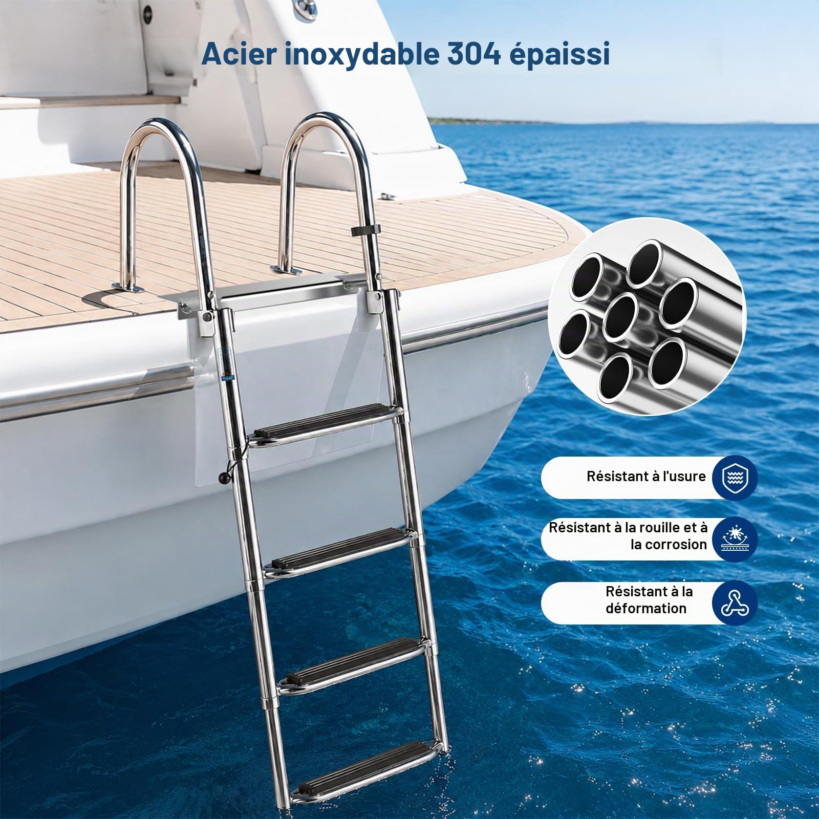 Échelle de Bateau 4 Marches en Acier Inoxydable 304, Échelle de Quai Pliable Télescopique avec Barres Antidérapantes & Mains Courantes, Échelle de Piscine pour Bateau Yacht, Capacité de Charge 200kg