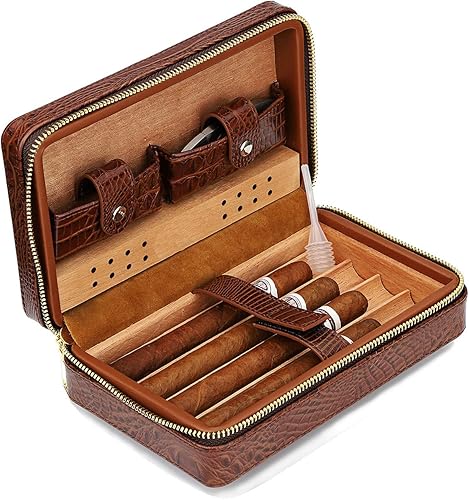 Miniatura 3 de M Time C club Estuche para cigarros de 4 dedos, humidor de cigarros, portátil, de piel de cocodrilo, de piel color burdeos, humidificador para