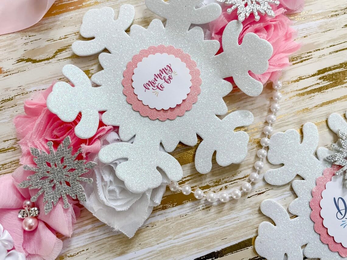 Pink Snowflake Baby Shower Maternity Sash, Winter Baby Shower Sash (Mom Sash and Dad Pin)