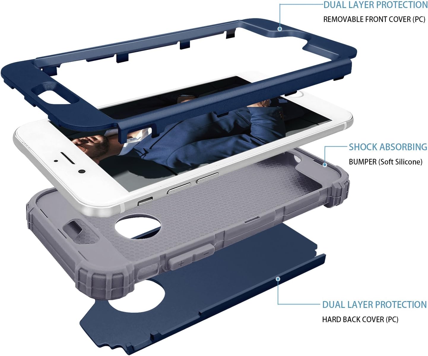 iPhone 7 Plus Case,iPhone 8 Plus Case, Fingic Full-Body Cover 3 in 1 Hybrid Hard PC & Soft Silicone Heavy Duty Rugged Bumper Shockproof Protective Phone Case for iPhone 7/8 Plus,Navy Blue+Gray