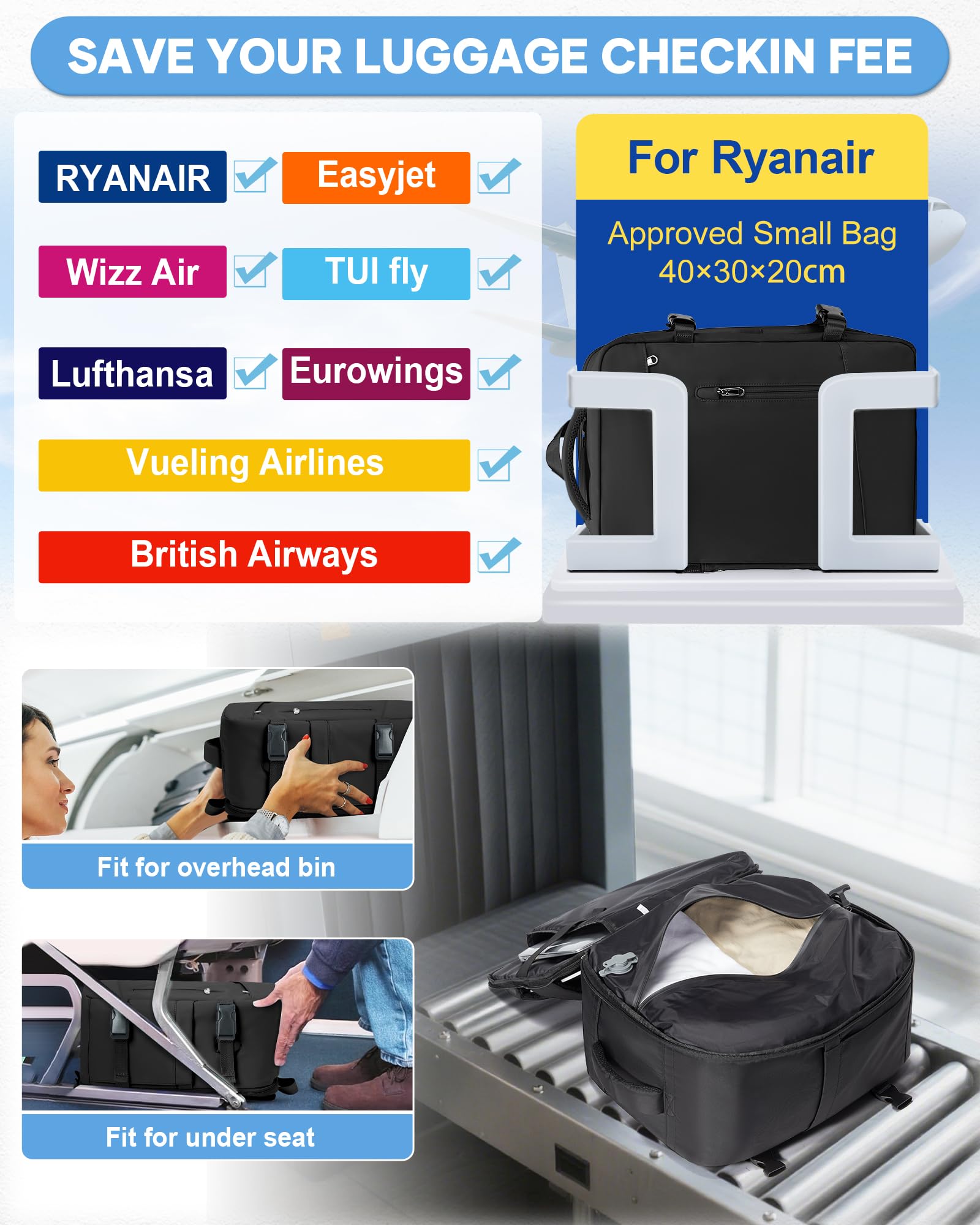 BJLFS Zaino Ryanair 40x30x20 Sottovuoto con pompa Zaino da Viaggio aereo Cabina 40x30x20 Impermeabile Bagaglio a Mano Wizzair Sottovuoto Borse da Cabina per Easyjet 45x36x20 Zaino Airback Donna