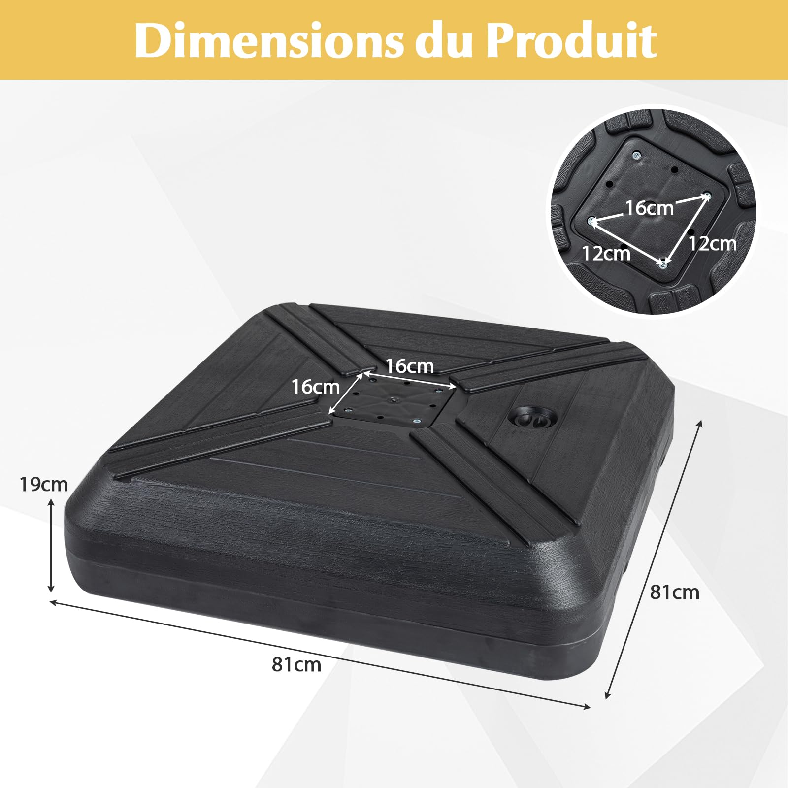COSTWAY Pied de Parasol Déporté avec 2 roulettes, Support Parasol en HDPE, Rempli de 156 kg Sable&Eau/125 kg Sable/78 kg Eau, Barre Transversale, Base pour Jardin Piscine Terrasse, 81 x 81 x 19 cm