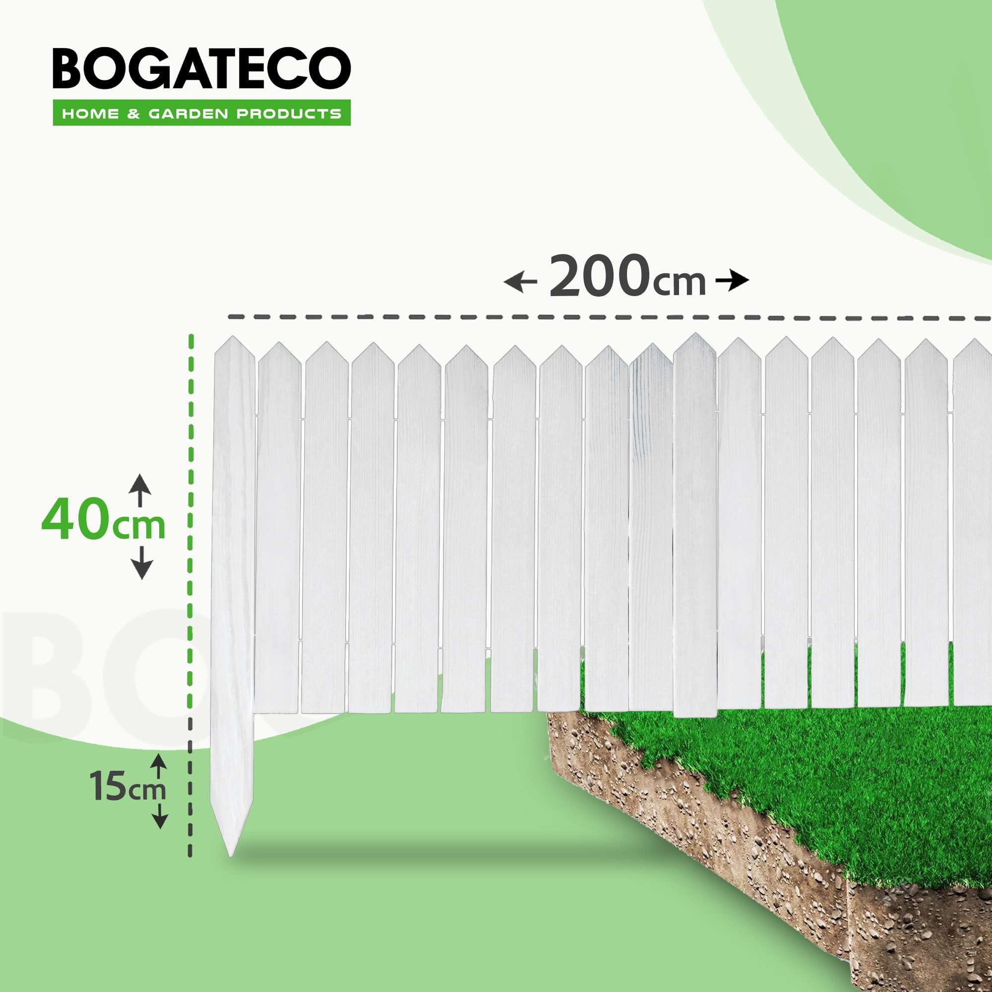BOGATECO Drewniane obramowanie rabatki, płot rolowany, wysokość 40 cm i długość 200 cm, płot sztachetowy, idealnie nadaje się jako obramowanie grządek lub ścieżek, kolor biały