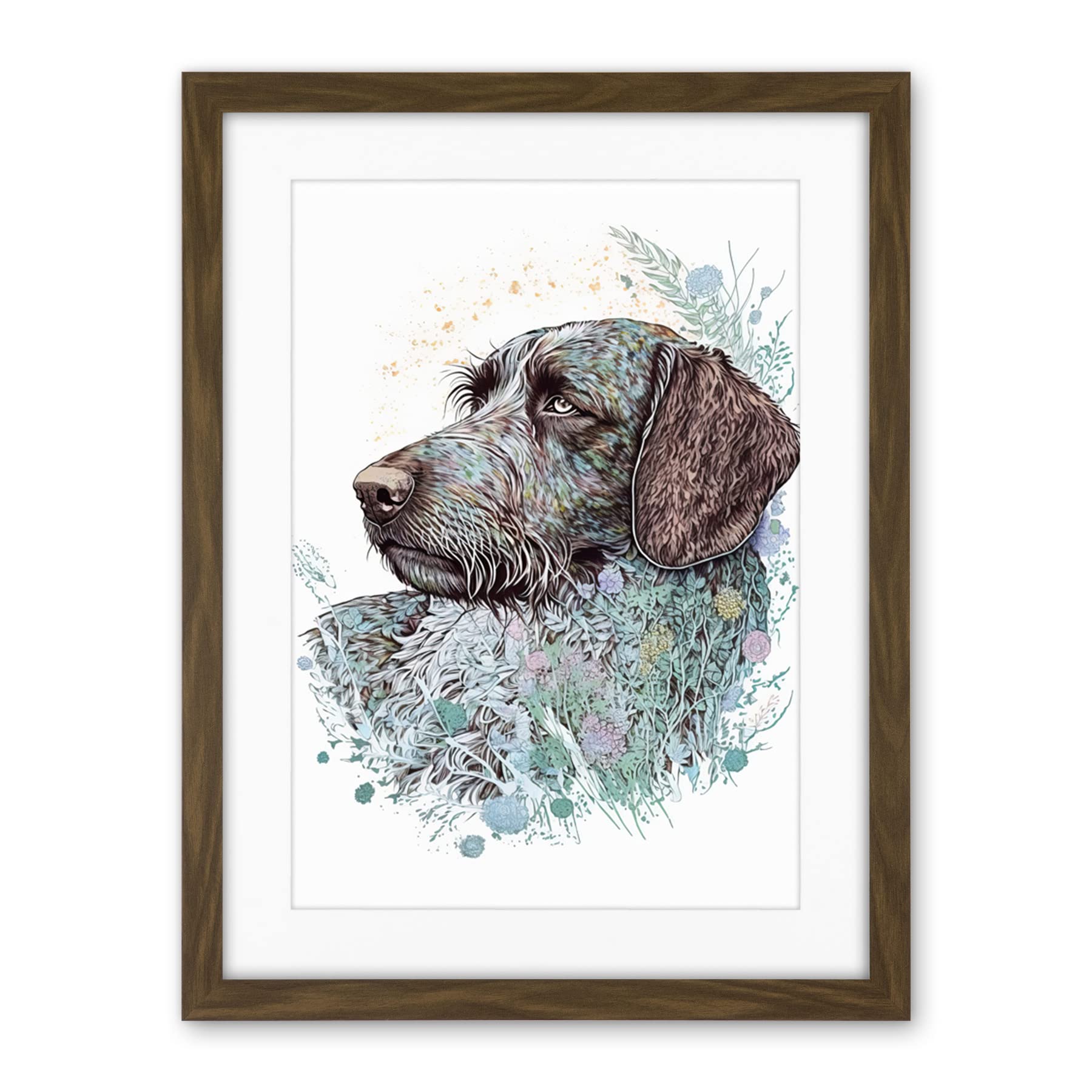 Artery8 German Wirehead Pointer Dog Nature Spirit Animal Modern Multicoloured Illustration Artwork Framed Wall Art Print 18X24 Inch