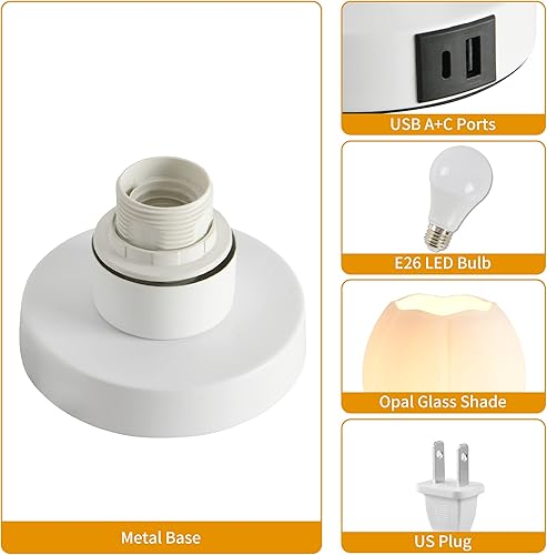 Miniatura 7 de Lámparas de mesa táctiles con puertos de carga USB A+C, lámpara de mesita de noche regulable de 3 vías con pantalla de vidrio de ópalo blanco,