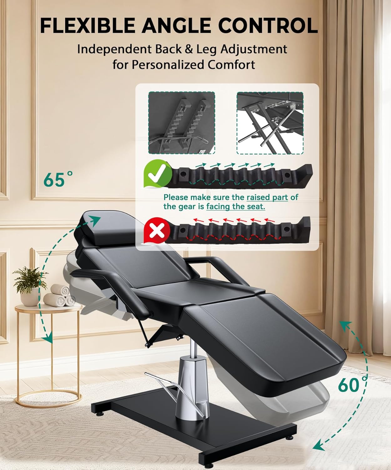 Professional Hydraulic Tattoo Chair Esthetician Bed, 3-Section Adjustable Tattoo Table Facial Beds with Rolling Stool, Heavy-Duty Steel Frame for Beauty, Spa, and Studio