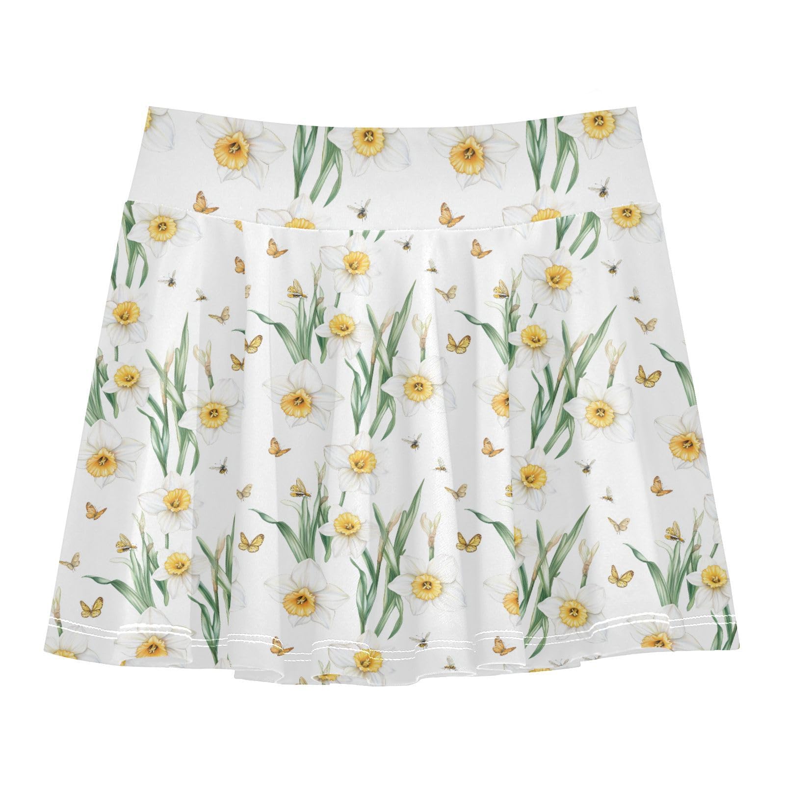 JUNZAN Daffodils White Girls Tennis Skirt with Shorts Pleated Skirts for Kids with Pockets Flowy Toddler Athletic Skort