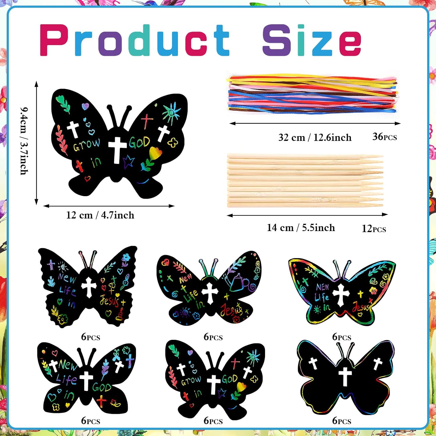 HOWAF 36 Pcs Religion Spring Easter Butterfly Scratch Cards, Cross Butterfly Scratch Art Butterfly Rainbow Scratch Off Hanging Card for Spring Easter Sunday School DIY Crafts Decorations