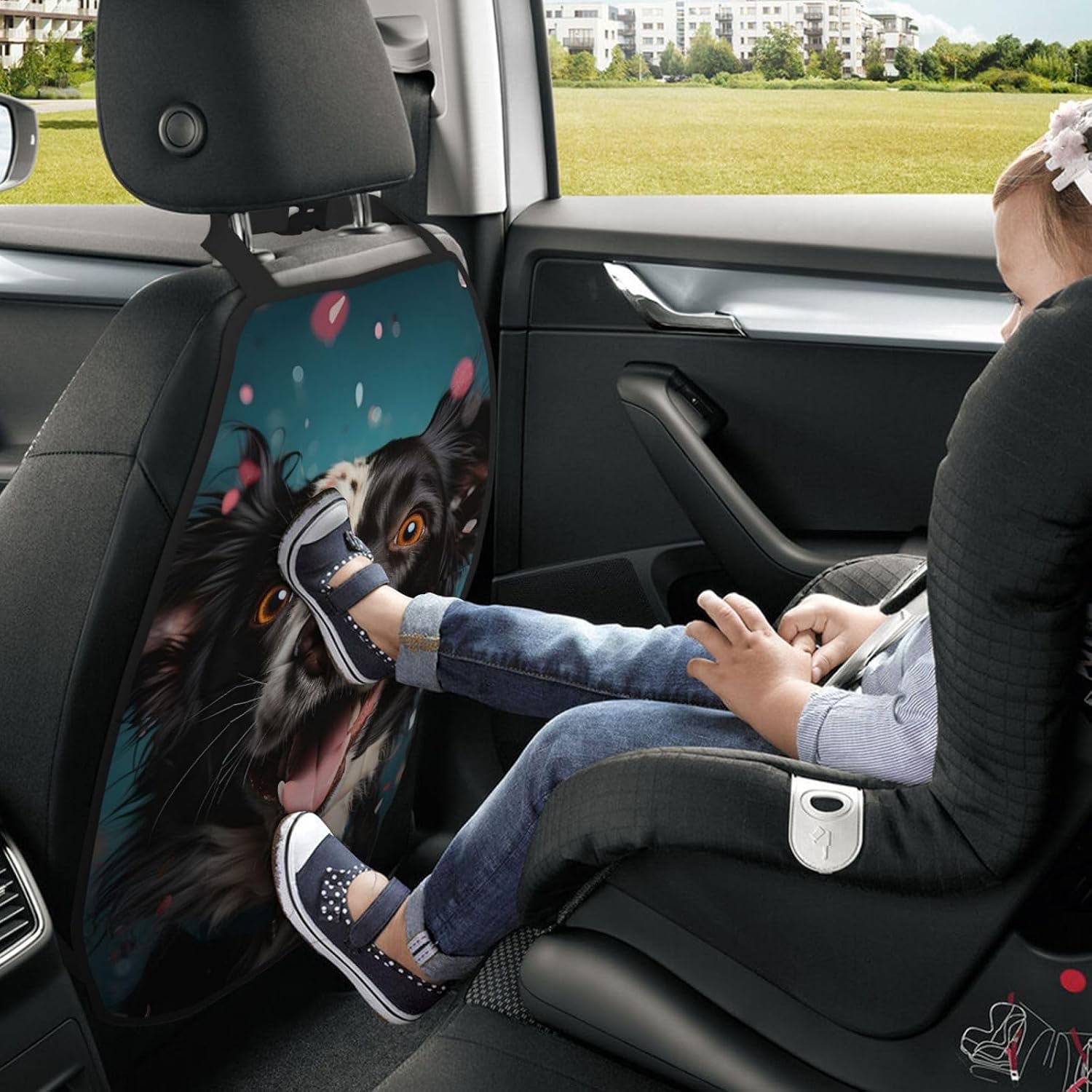 Car Seat Back Kick Protector 2 Pack 18.5x26.4 Inch, Dog Happy Anti-Kick Pad, Waterproof Oxford Fabric Large Rear Seat Cover for Kids Pets Fits SUV Jeep Truck Sedan