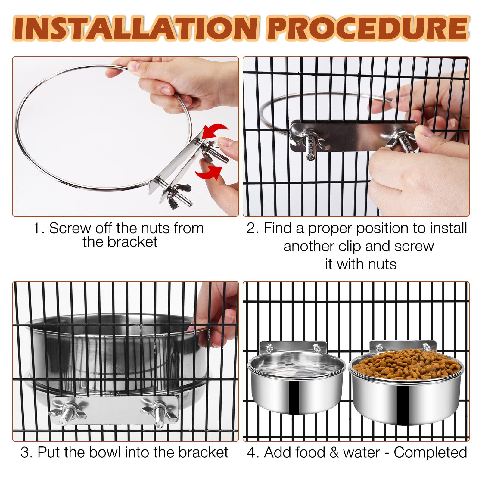 Dog Crate Water and Food Bowl, ShineMe Stainless Steel Dogs Bowls Hanging 2 Pack for Cage Crate Kennel, Spill Proof Dog Bowl for Medium and Small Sized Dogs Cats Pets (6.3 * 2.6” & 5.5 * 2.4”)