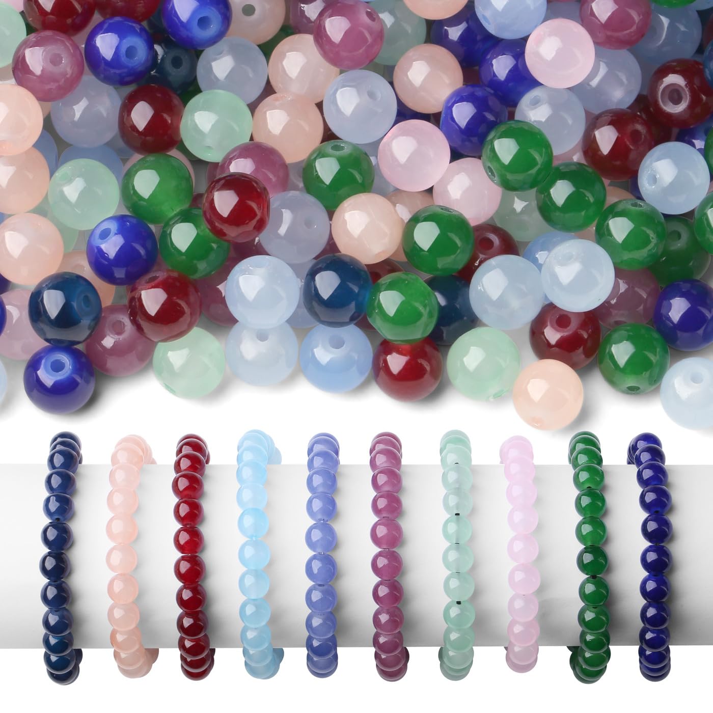NUKAYAI 500Pcs Glass Beads 10 Colors 8mm for Jewelry Making, Mix Round Crystal Crafts Beads for Bracelet Necklaces Kit Earring DIY(Colored)