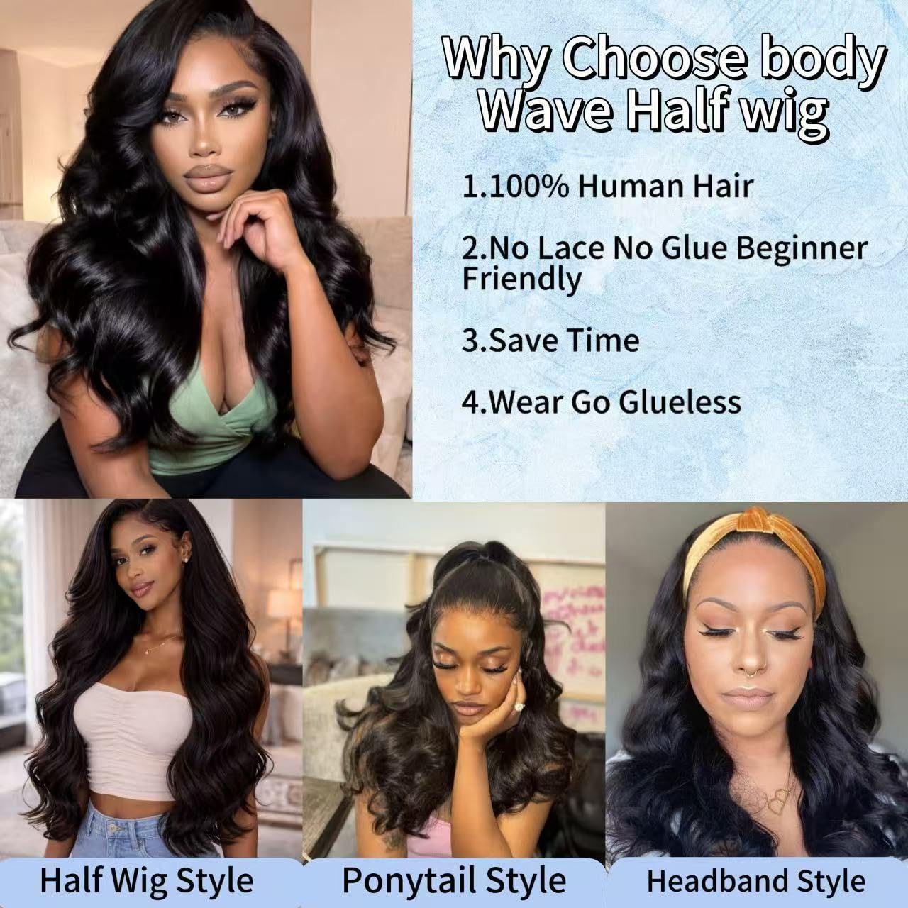 Half Wig Body Wave Human Hair 3 in 1 Glueless Wear 200% Density For Women Seamless Flip Over Drawstring Headband Wig Beginner Friendly 14inch