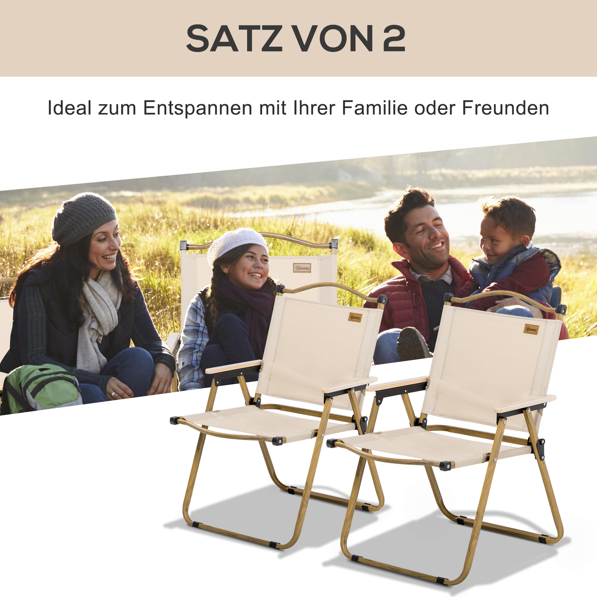 Outsunny Campingstuhl 2er Set Faltbar mit Stahlrahmen Holzoptik Khaki | Gartenstuhl, Klappsessel, Camping Klappstühle, für Pool, Strand, Oxford
