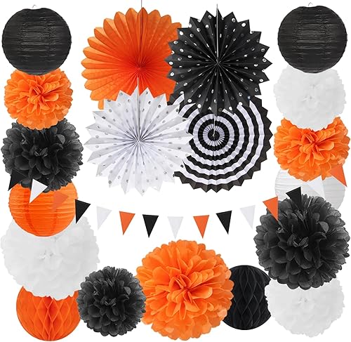 Faroles de papel para decoración de fiesta de color naranja-negro y blanco, 20 pompones de tela de Halloween, abanicos, panal, vintage, baby shower,