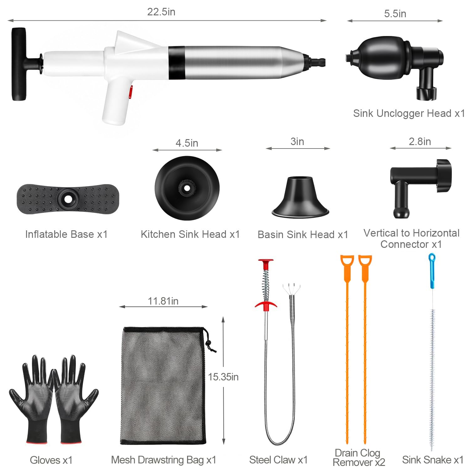 Desatascador de inodoro de alta presión rápida con barómetro, herramienta de desatasco y desatascador de drenaje de aire resistente para baño, inodoros, fregaderos, bañeras, tuberías, kit de
