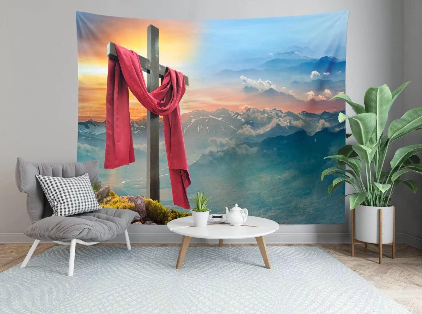 BELECO Jesus Christ Tapestry Backdrop with Cross Art Wall Decor Mountain Scenery Wallpaper Church Party Decorations Easter Christian Religious Tapestry Wall Hanging Home Decor for Bedroom Living Room