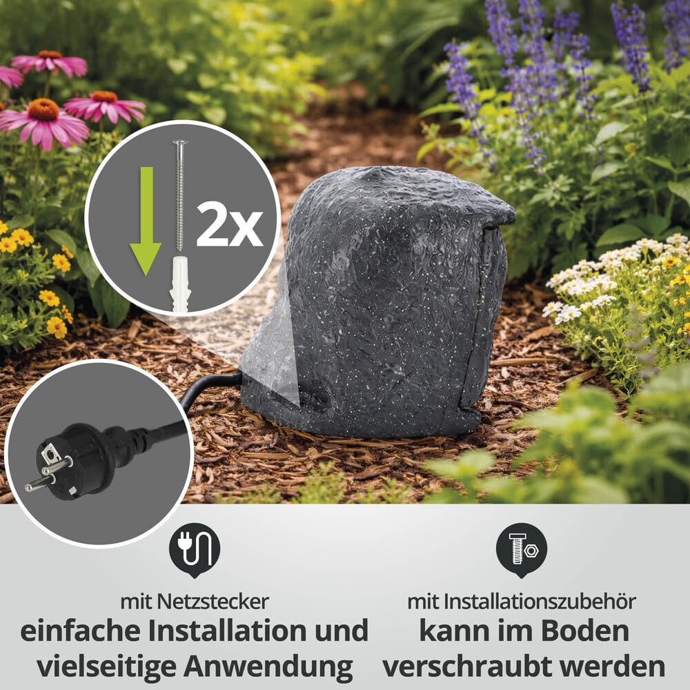LED Universum - Gartensteckdose Steinoptik grau 3m Zuleitung 3680W max. Gesamtleistung aus witterungsfestem Kundstoff IP44 - Energiestation Energeistein Außensteckdose 20 x 20 x 20cm