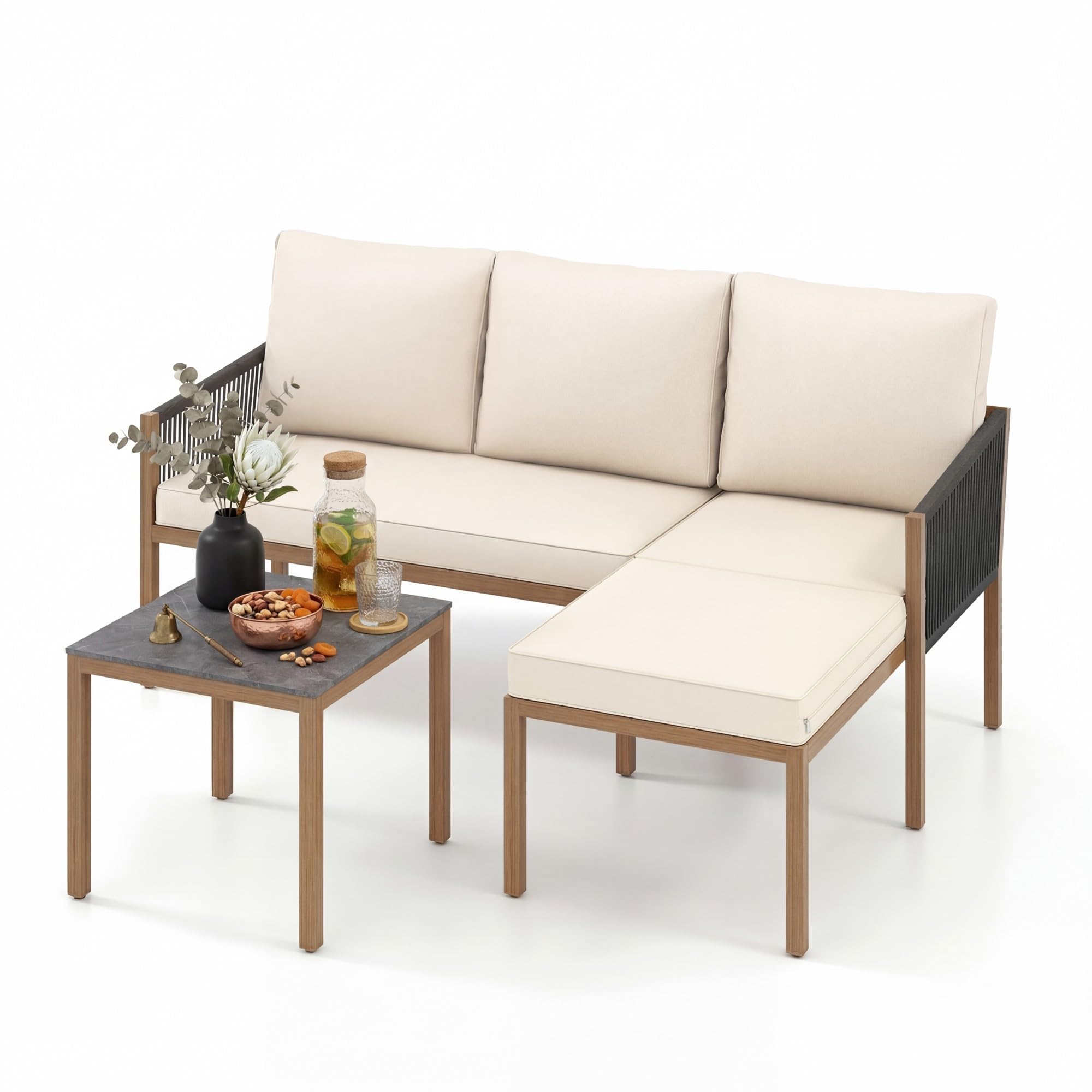 LIFEZEAL Salon de Jardin 3 Pièces Extérieur, Canapé d’Angle en L avec Table Basse Effet Marbre, Coussins et Structure en Métal, Canapé 2 Places et Méridienne pour Terrasse, Jardin, Patio (Beige)