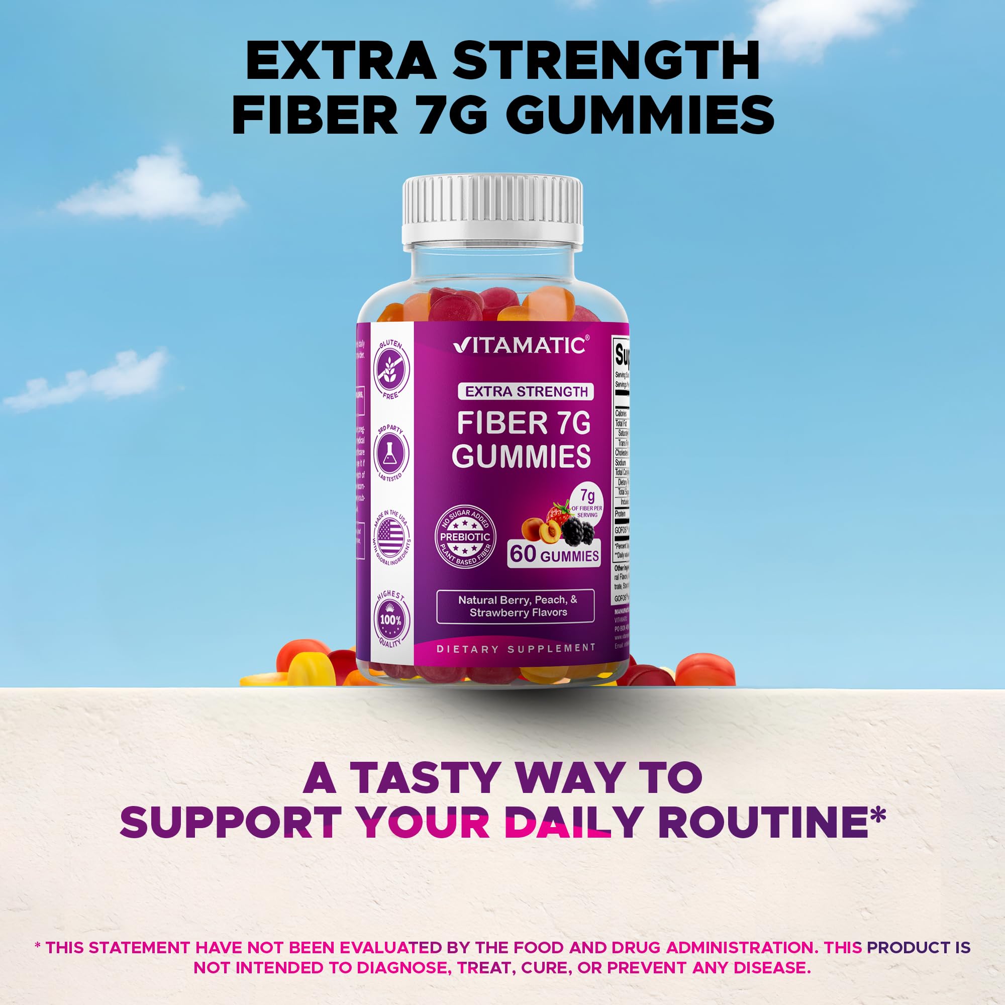Vitamatic Extra Strength Prebiotic 7g Fiber, 60 Pectin-Based Gummies — Amazon image 6