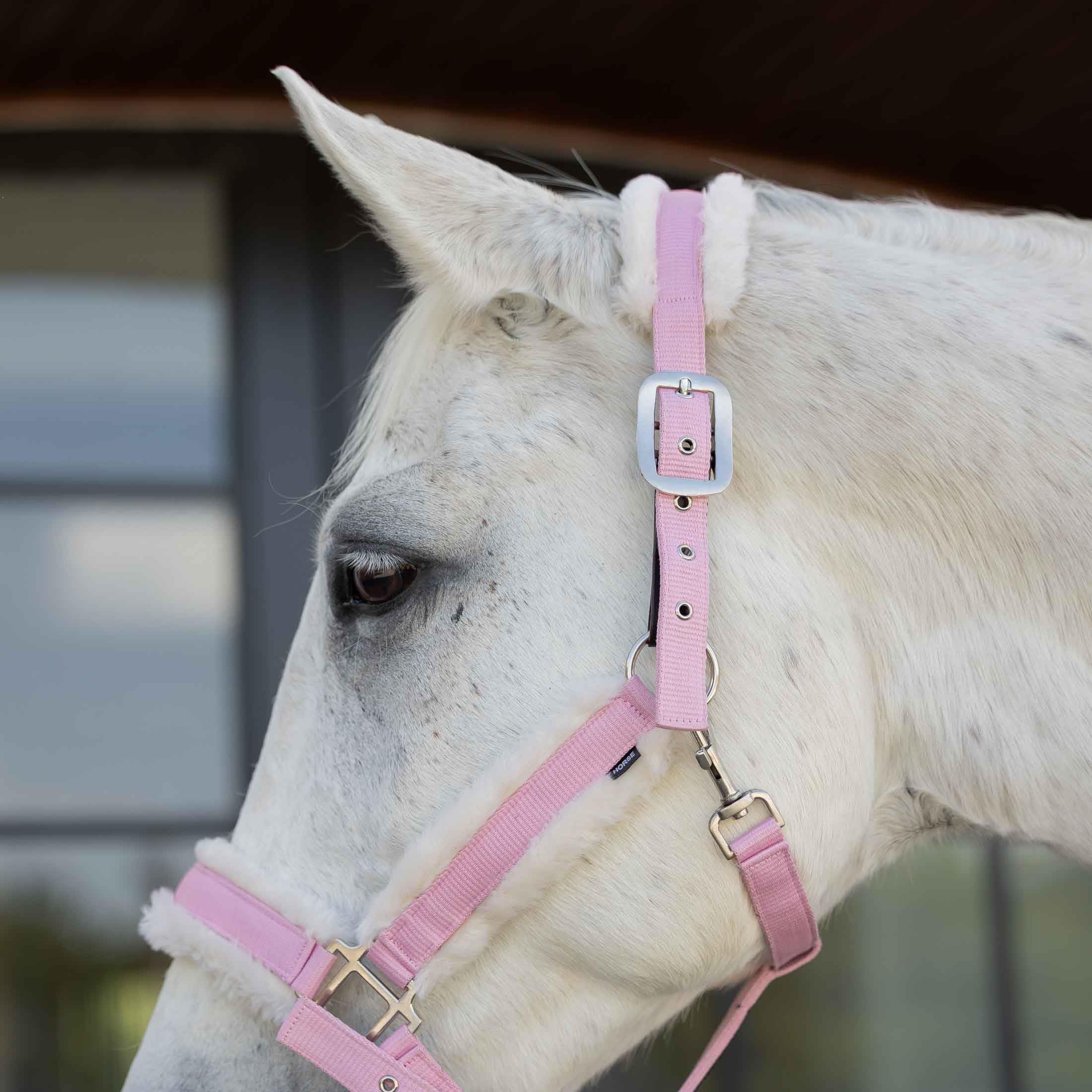 Equinavia Valkyrie - Cabestro de caballo de forro polar ultra ajustable, acolchado con cincha de nailon, color rosa dulce, blanco marfil, caballo