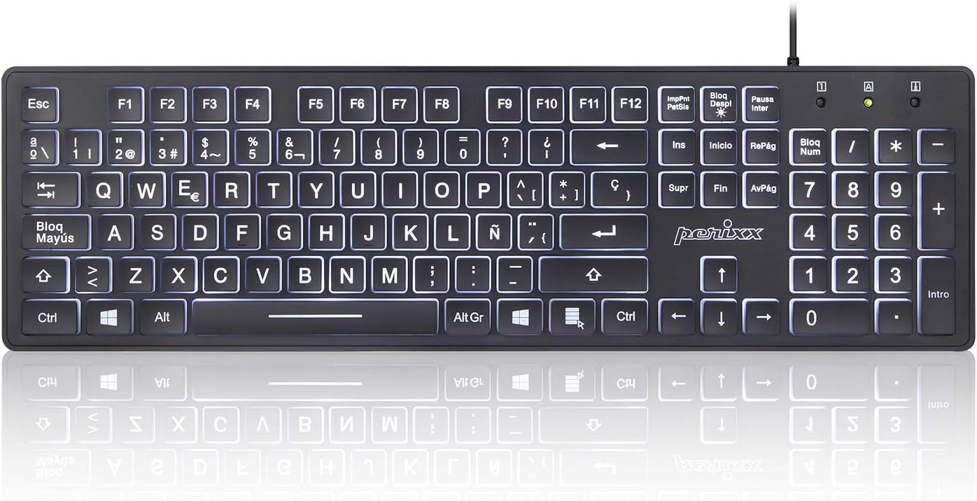 Perixx PERIBOARD 317 ES, Standard Backlit Keyboard, Large Printed Letters, Wired, Spanish QWERTY with Ñ, Black