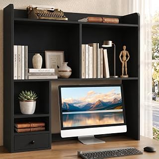 knoworld Desktop Bookshelf for 27" Monitor, 36.4" Tall Dorm Desk Hutch Organizer with 5 Shelves & 1 Drawer, Engineered Wood Desk Shelf for Computer Desk, Black