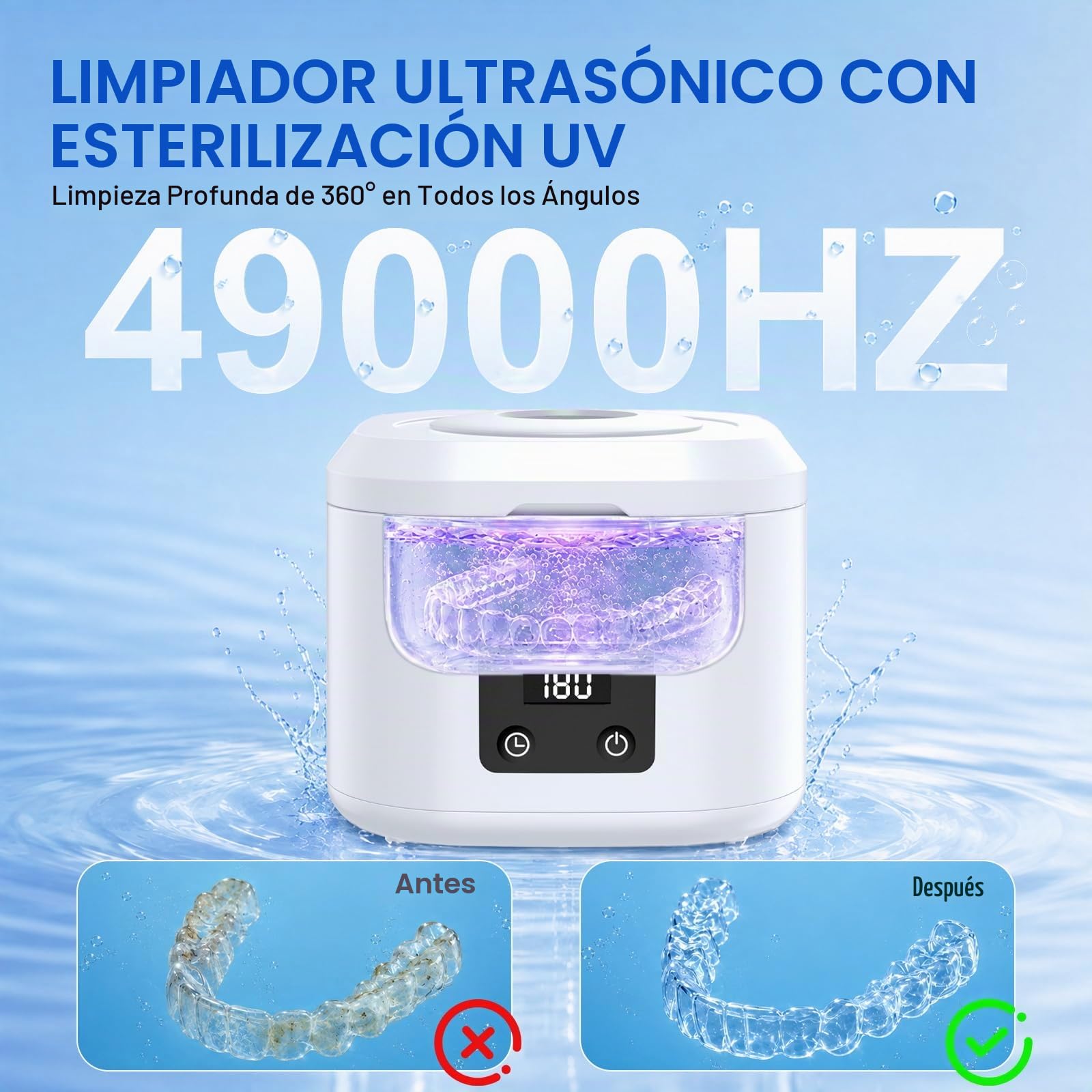 Limpiador Ultrasonidos Dental 49 kHz 340 ml, Dental Pod con 3 Modos de Limpieza y 6 Lámparas UV Esterilizantes, Ultrasonic Cleaner para Férulas, Retenedores, Alineadores, Dentaduras