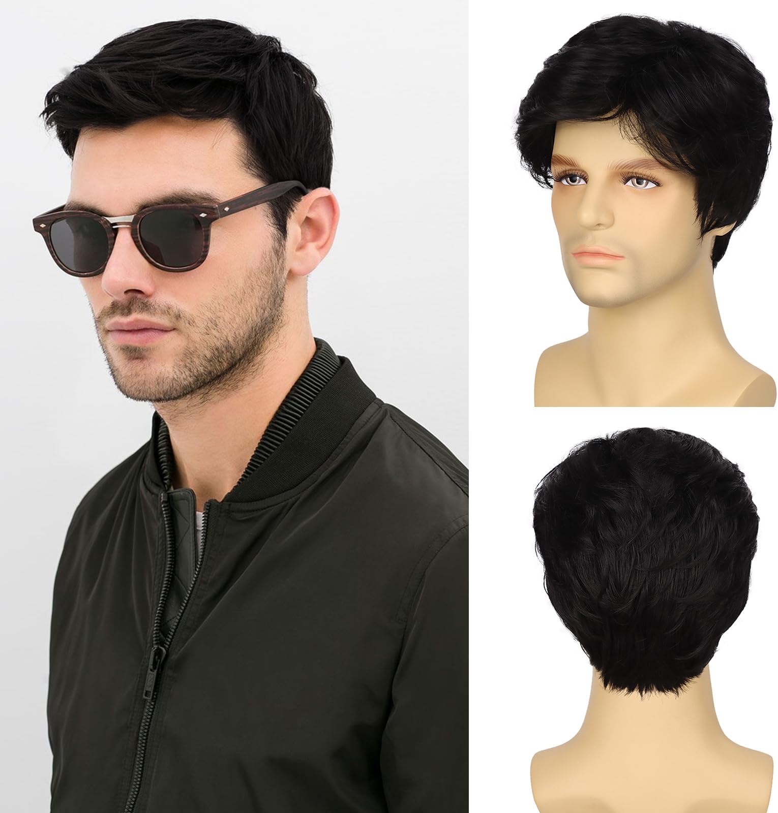Mens Black Wig Short Layered Wavy Synthetic Wigs for Men Male Guy Daily Party Wigs (Natural Black)