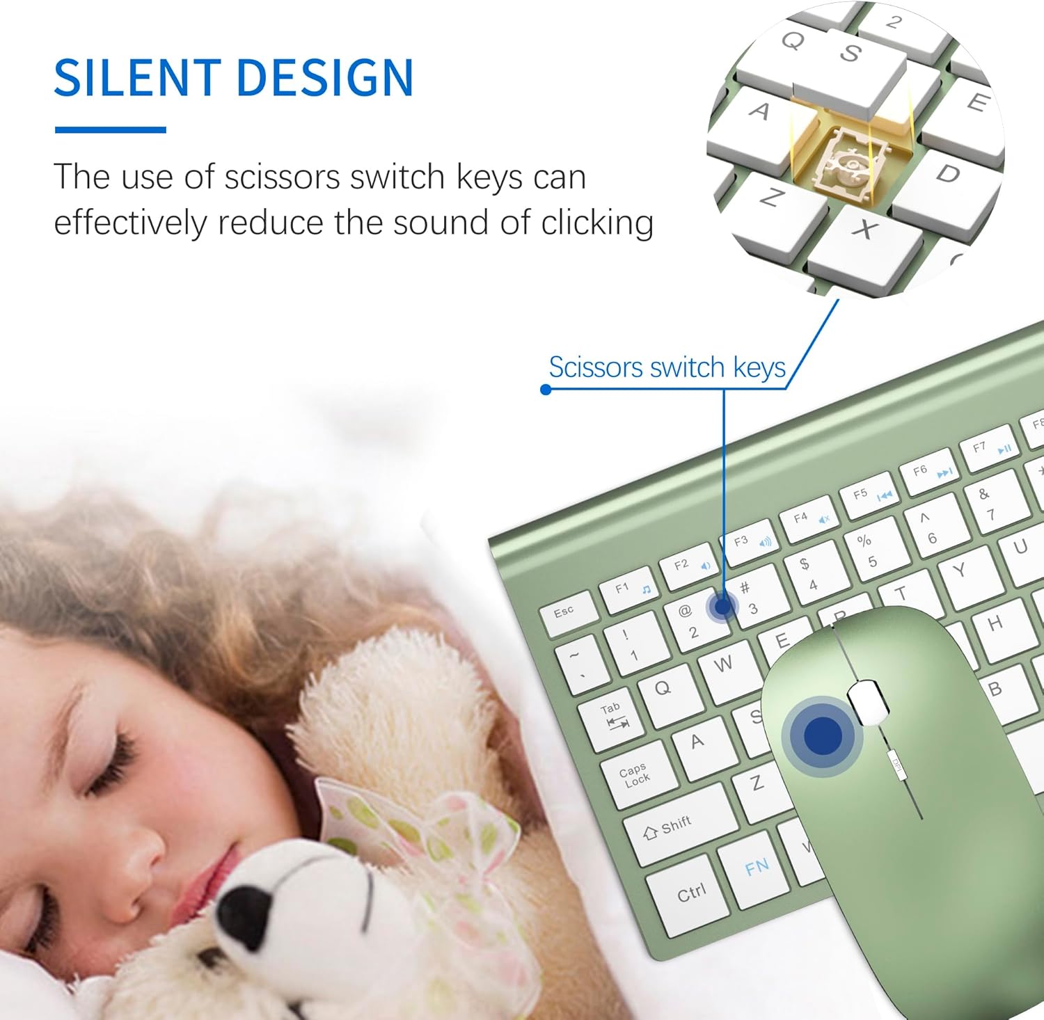 wireless keyboard and mouse ultra slim combo, topmate 2.4g silent compact usb 2400dpi mouse and scissor switch keyboard set with cover, batteries included, for pc/laptop/windows/mac - green white