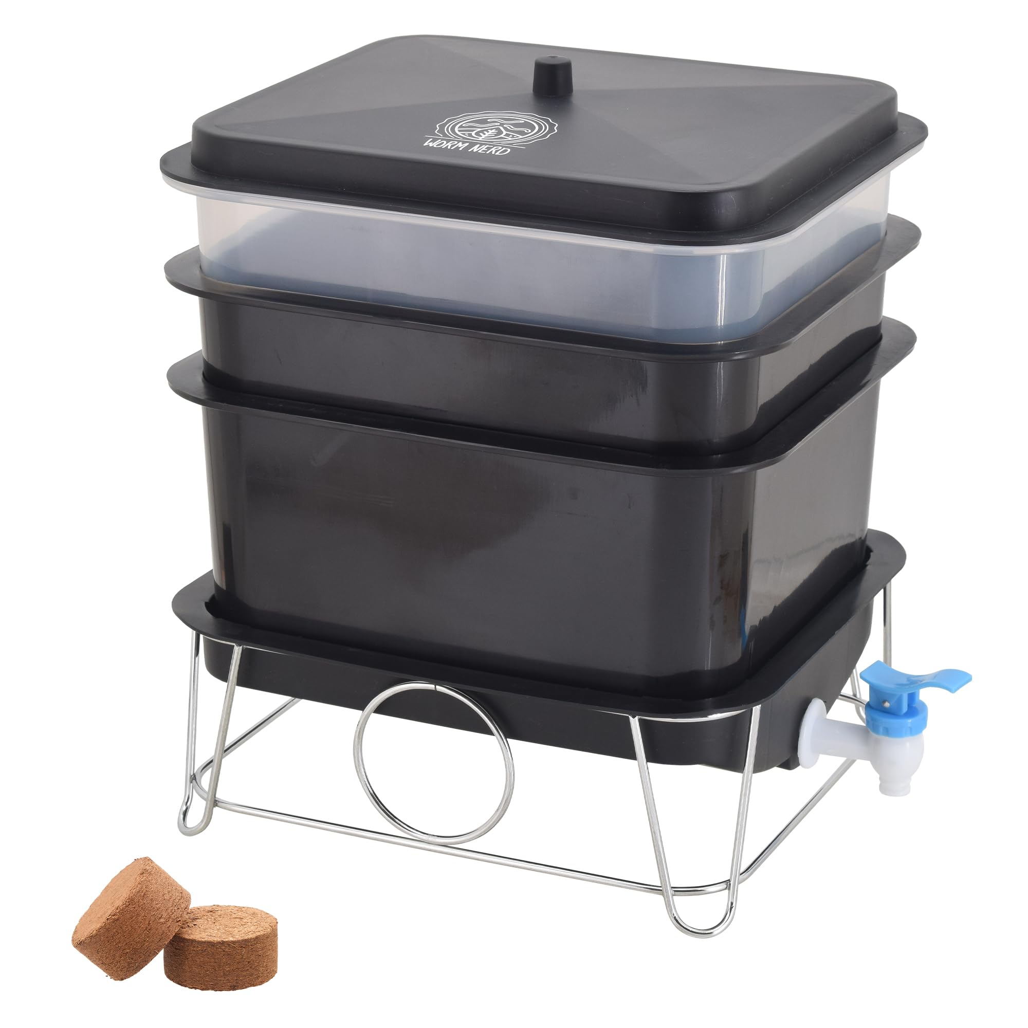 Worm Nerd WN41 4-tacowy kosz do kompostowania ślimakowego z cegłą kokosową do recyklingu odpadów spożywczych, odlewów robakowych, herbaty robakowej, wermikultury i wermikompostowania, czarny