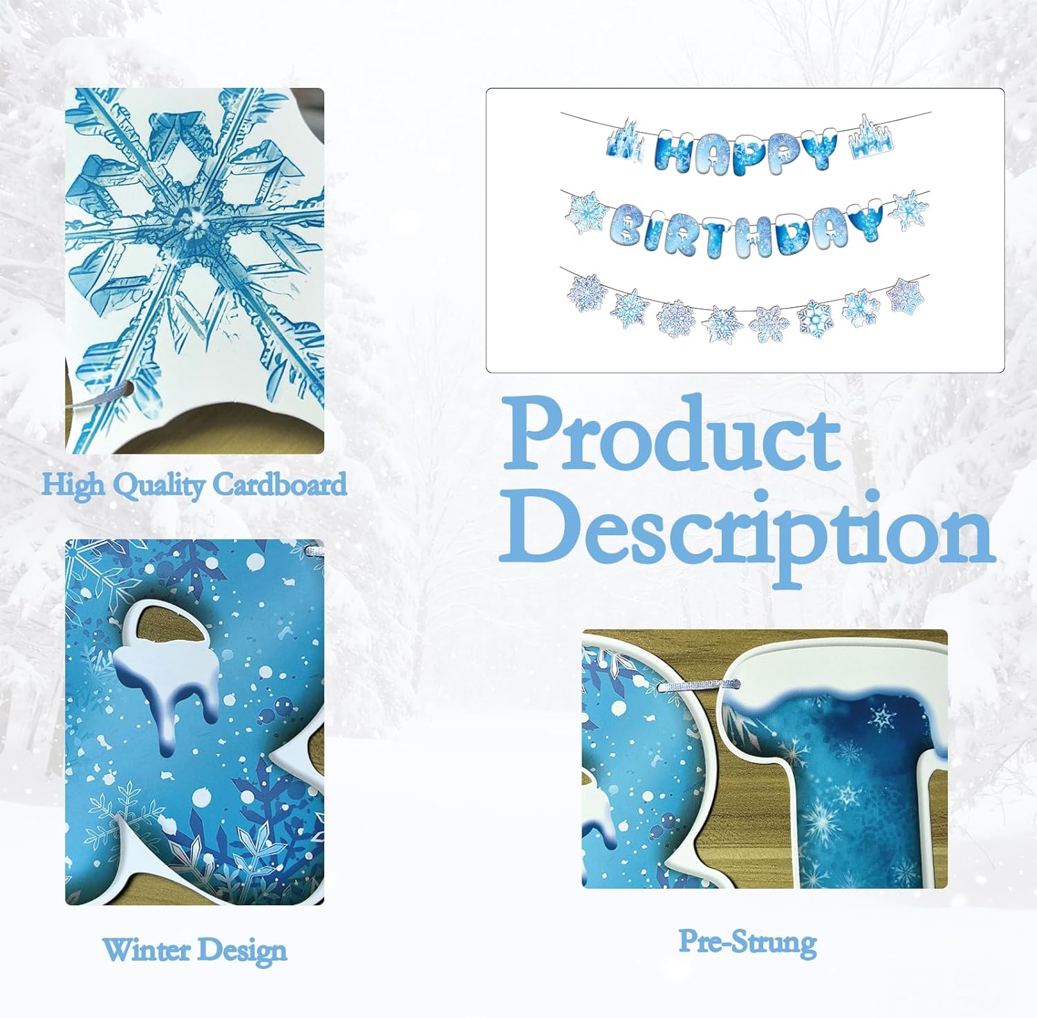 Snowflake Happy Birthday Banner - Blue Frozen Birthday Garland Bunting Hanging Decoration for Winter Wonderland Christmas Party Supplies - Image 3