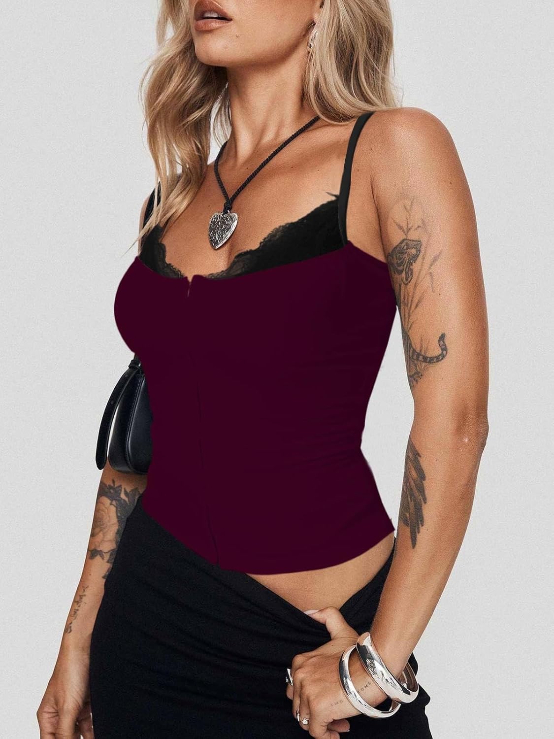 Women Sexy Lace Trim Tank Cami Top with Built in Bra Cute Padded Fitted Double Lined Lingerie Summer Going Out Shirts Date Night Club Concert Country Outfits Coquette Clothes, Burgundy, X-Small - Image 2