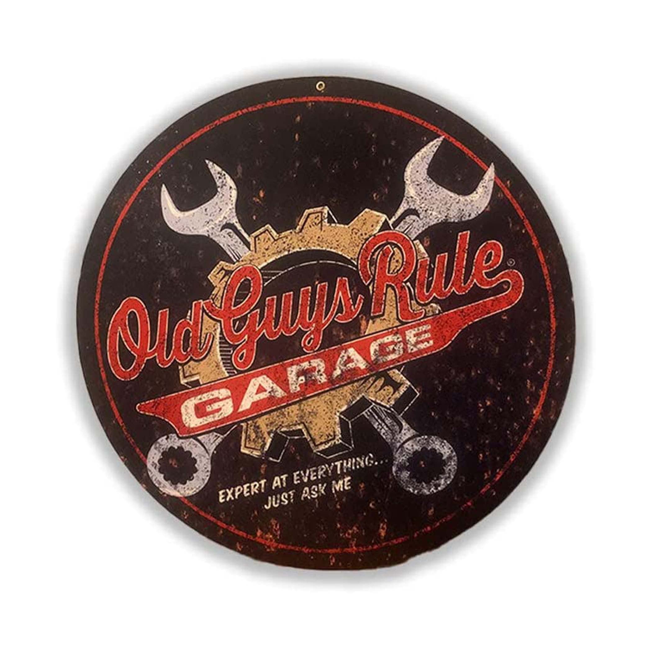 Old Guys Rule Vintage Metal Tin Sign, Wrenches - Gift for Dad, Grandpa, Husband, Father's Day, Birthday - Funny Retro Novelty Wall Decor for Man Cave, Garage, Workshop, Auto Mechanic (14x14 Round)