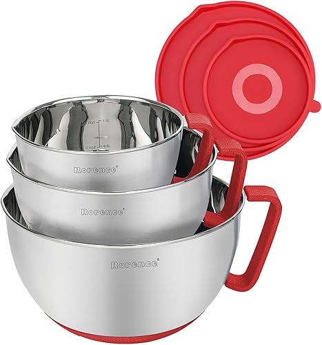 Rorence Mixing Bowls with Lids Set: Stainless Steel Mixing Bowls with Handles, Non-Slip Bottom & Pour Spout - Red, 3 quarts Rojo