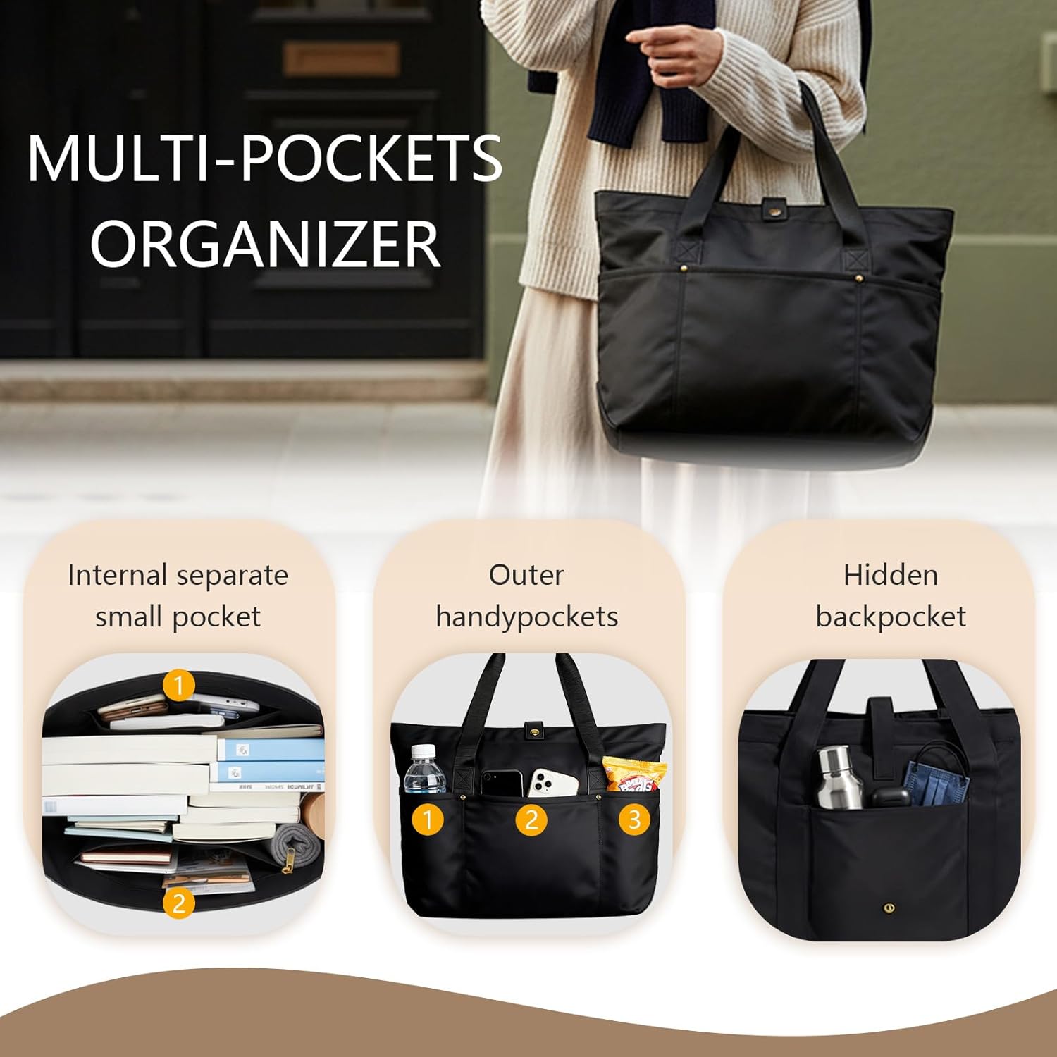 Dimore 2 Pack Foldable Tote Bags for Women, Black Large Capacity Travel Shoulder Bag Set Lightweight Waterproof Work Gym Shopping Handbags with Pockets - Image 4