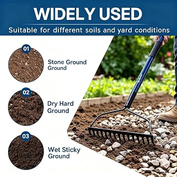 WIKER Heavy Duty Steel Garden Rake, 57 Inch Fiberglass Long Handle with 14 Tempered Tines, One-Piece Non-Slip Yard Rake for Soil, Gravel, Leaves, Gardening & Landscaping