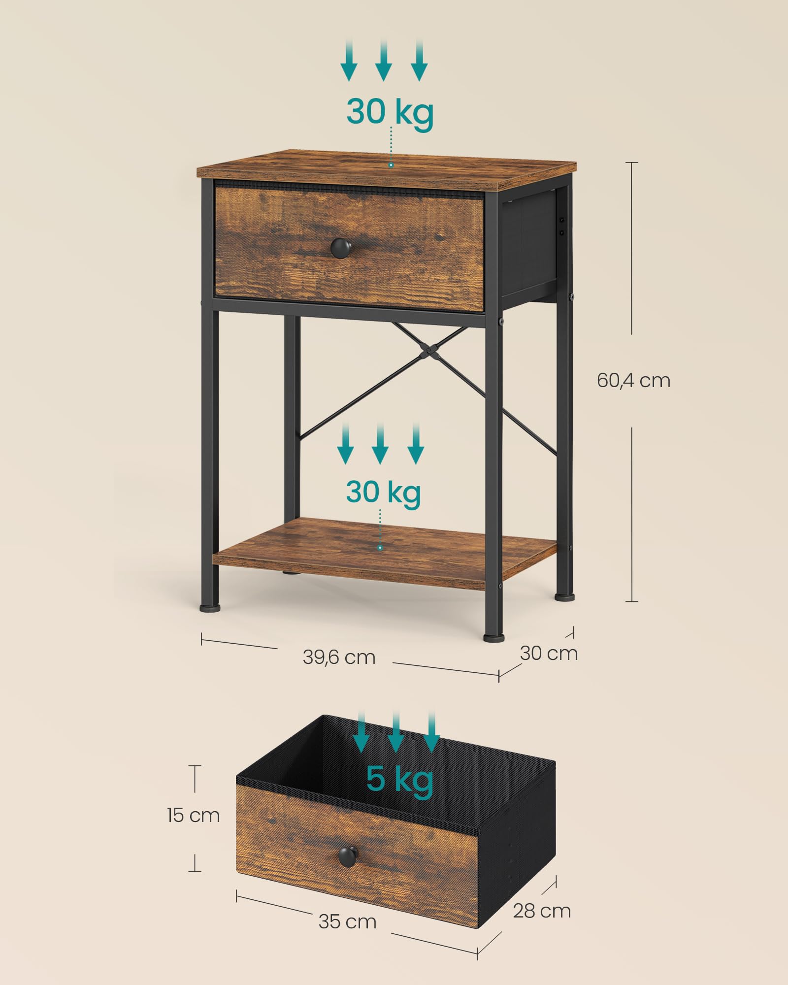 SONGMICS BELLAH Collezione - Comodino, Tavolino con Cassetto e Ripiano, per Camera da Letto Soggiorno, 30 x 39,6 x 60,4 cm, Marrone Vintage LGS101K101