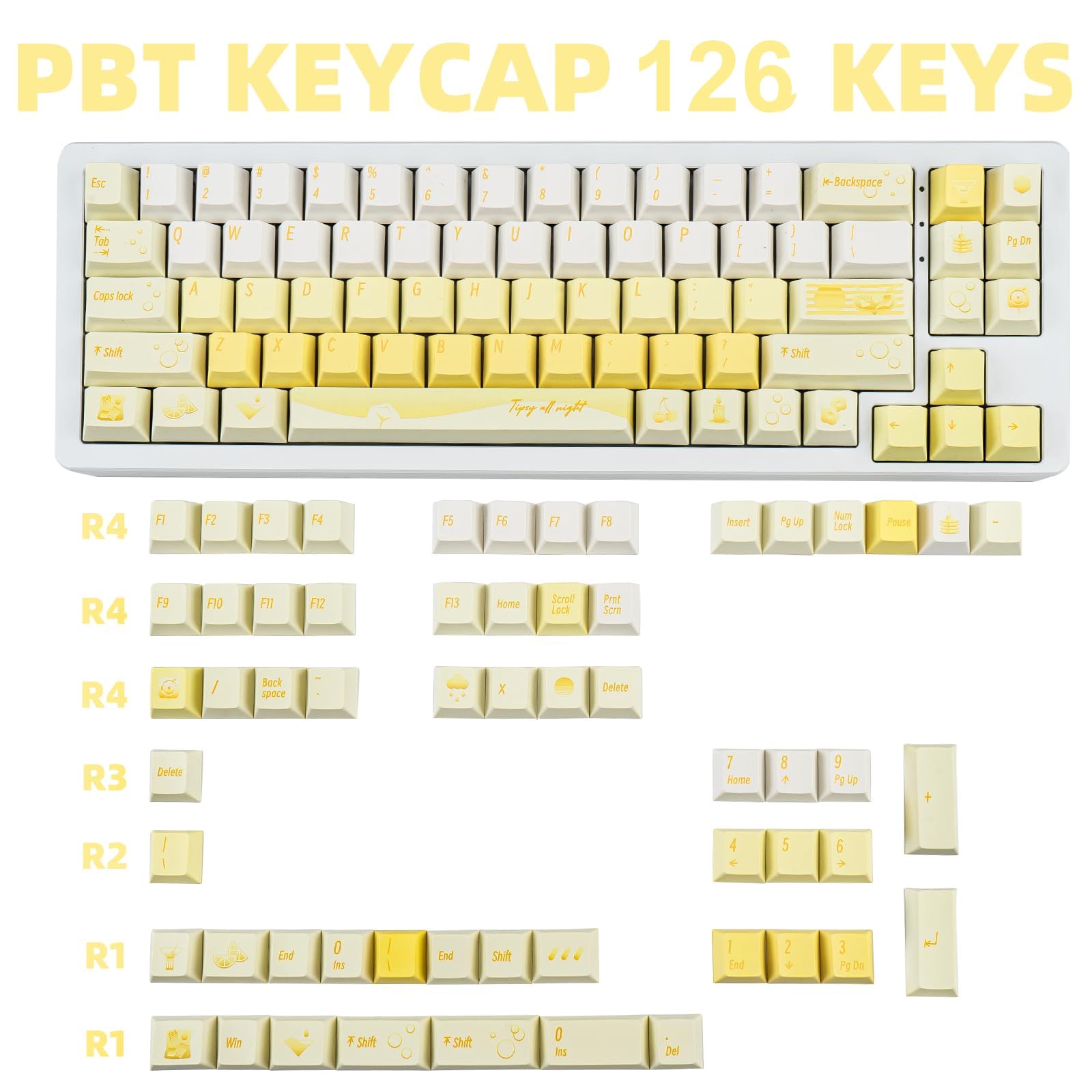 130 tasti PBT Cherry Profile Keycap, set di keycap minimalista crema, copritasti personalizzati bianchi e gialli, copritasti spessi a cinque lati a sublimazione per tastiera meccanica da gioco