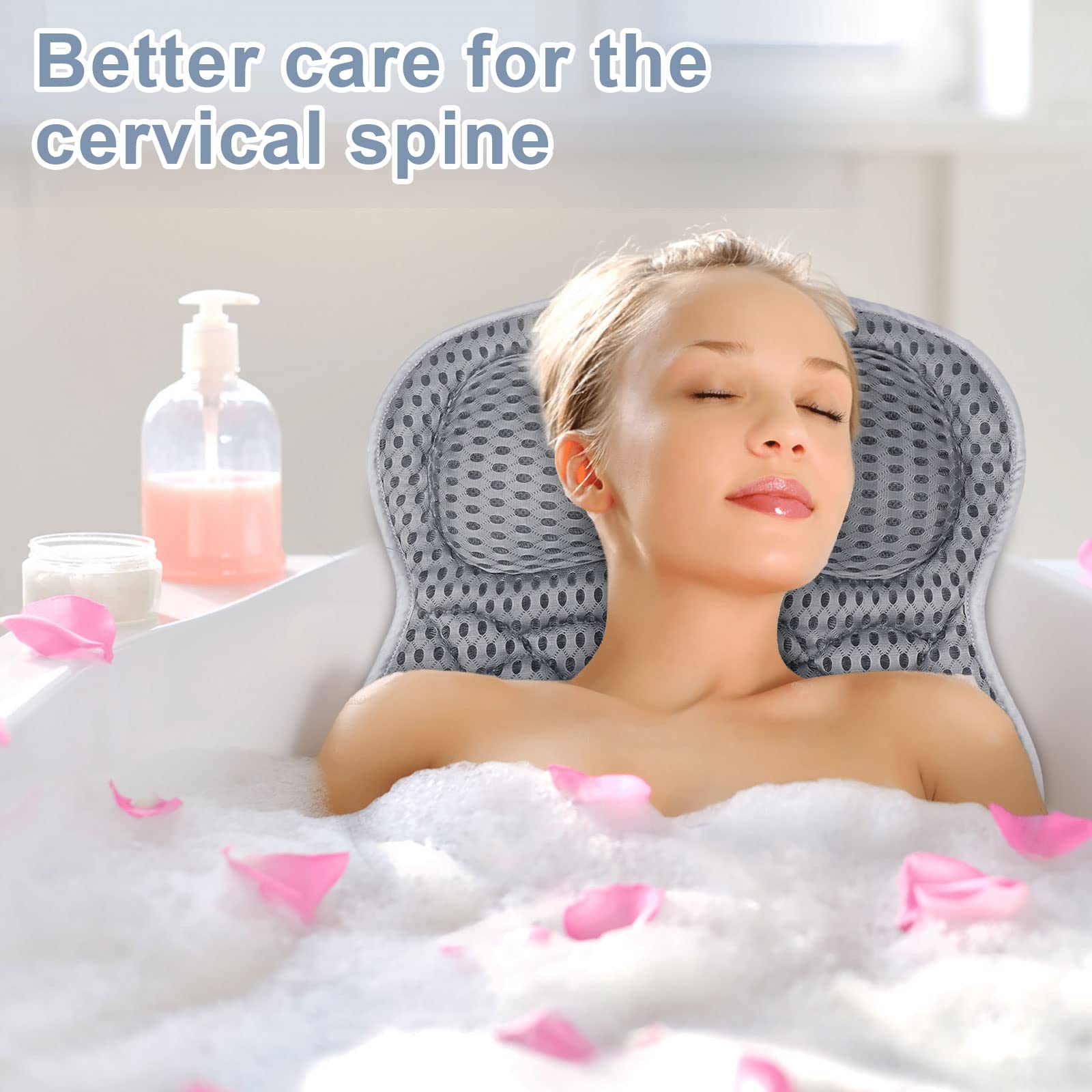 Frasheng Almohada de Baño,Malla 4D Cojín de baño,Almohada de Baño con 6 Ventosas Antideslizantes,Puede soportar la Cabeza,el Cuello,la Espalda,para SPA en Casa Bañera de Hidromasaje,Lavable a Máquina