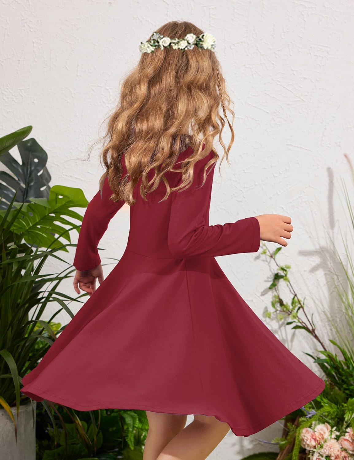 Arshiner Girls Long Sleeve Stretchy Dress A line Twirly Skater School Party Dress - Image 2