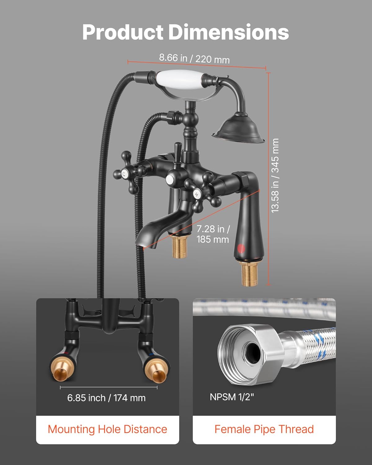 VEVOR Clawfoot Tub Faucet, Deck Mount Bathtub Faucets with Handheld Shower, Vintage Oil-Rubbed Bronze Clawfoot Tub Filler Faucet Shower Kit with 360° Rotation Spout & 59-inch Long Hose for Bathtubs